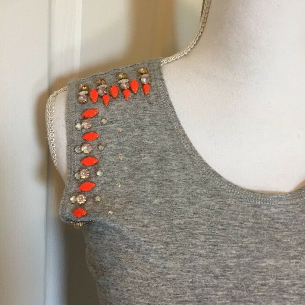 J.Crew Womens Size XXS Gray Bejeweled Orange Silver Tank Top Cotton T-Shirt - Picture 5 of 9